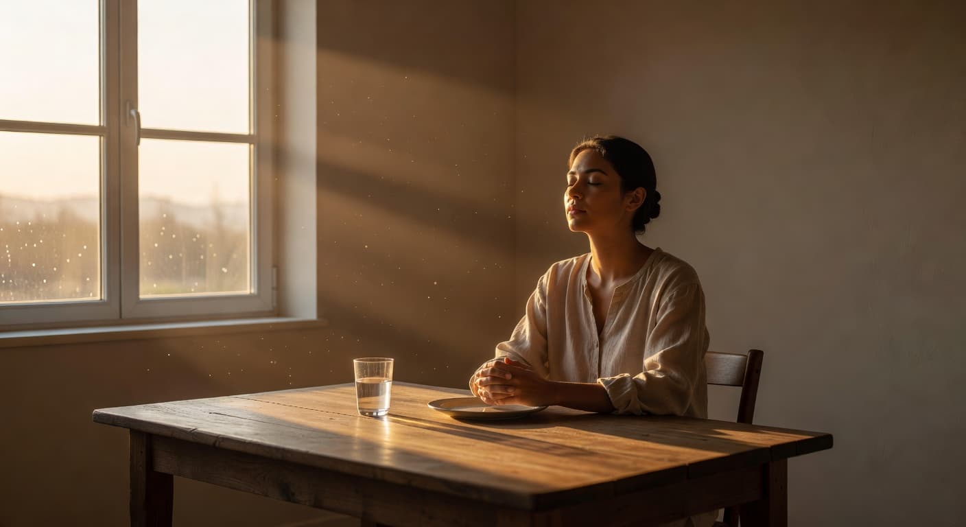 Persona en quietud frente a una ventana con luz dorada del amanecer, en actitud de reflexión profunda