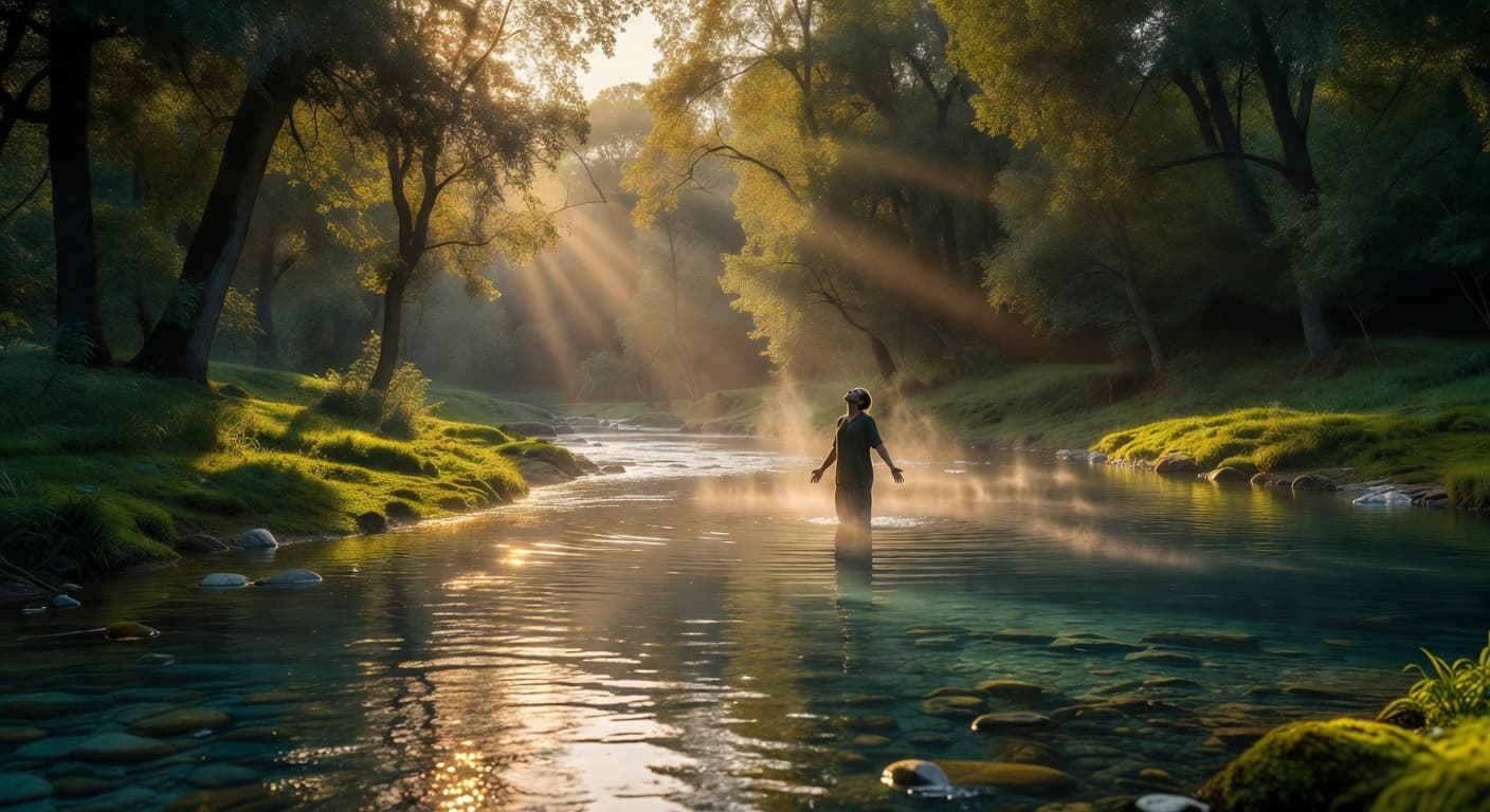 Persona sumergida parcialmente en un río tranquilo al amanecer con luz dorada reflejándose en el agua