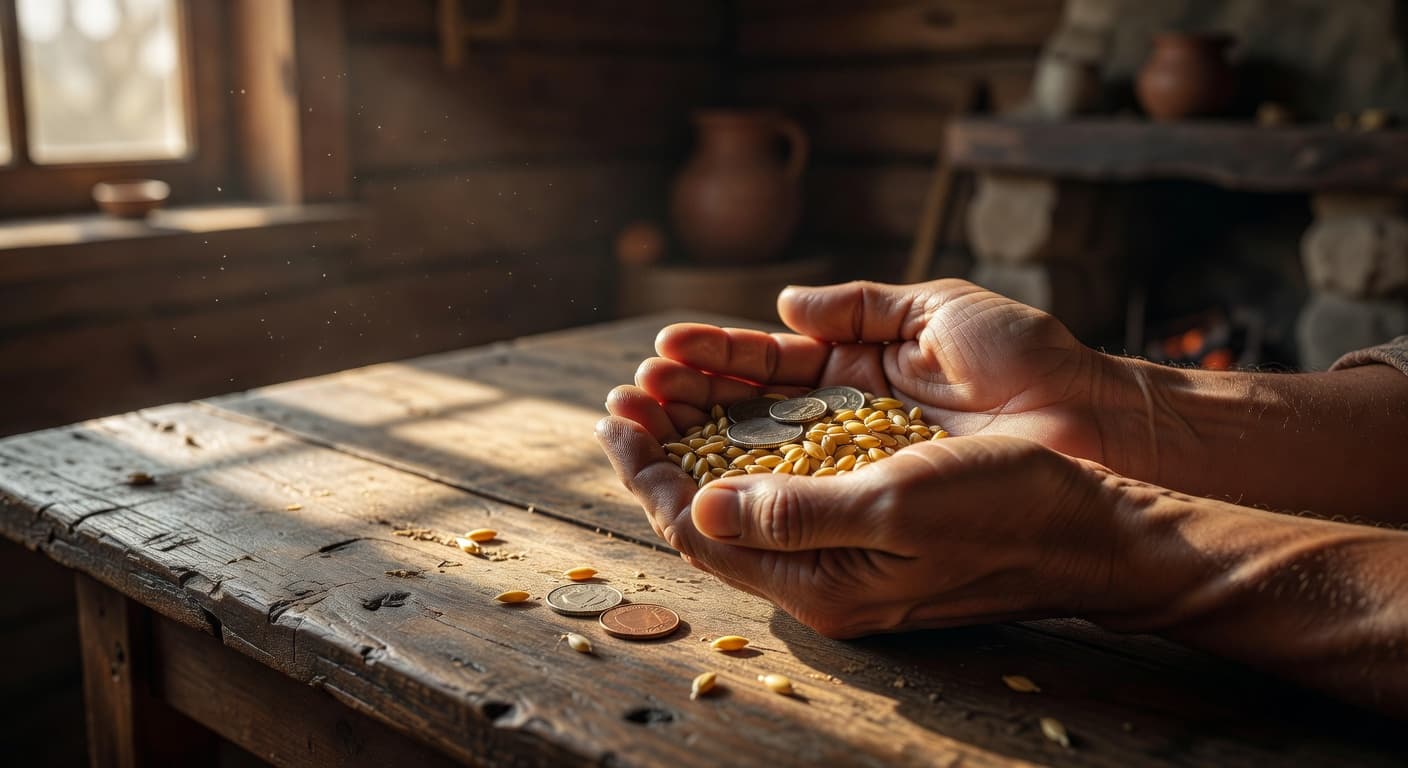 Manos abiertas sosteniendo monedas y semillas sobre una mesa de madera iluminada por luz cálida