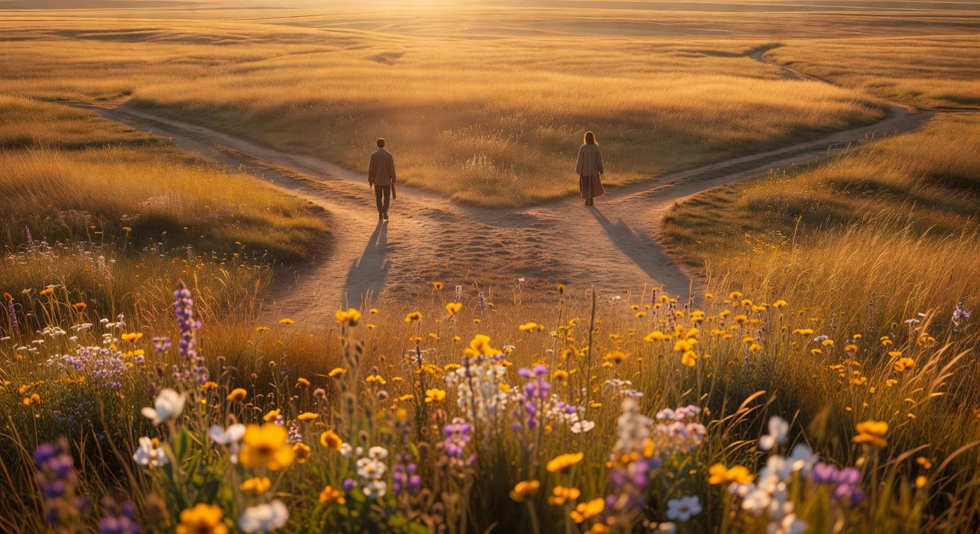 Dos personas caminando por senderos separados en un paisaje abierto al atardecer