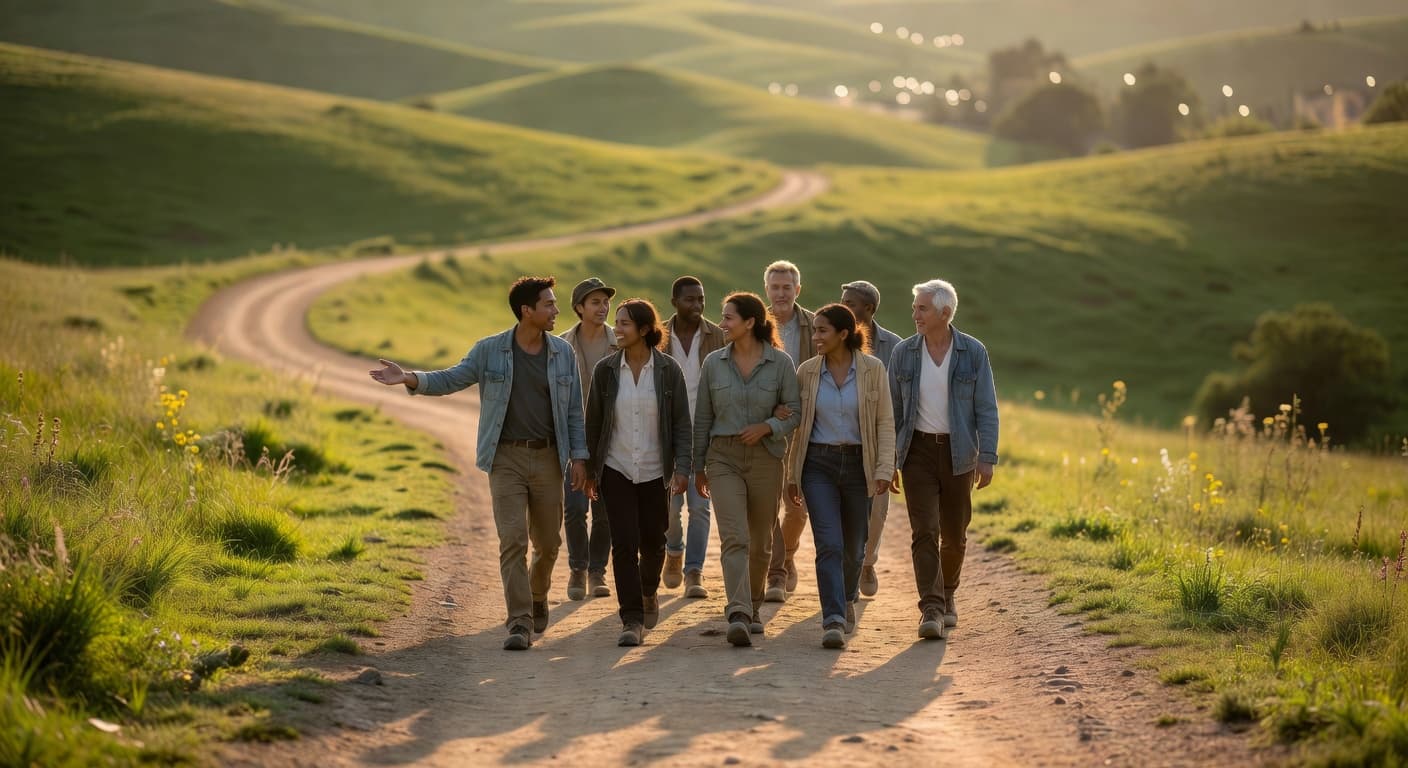 Grupo de personas caminando juntas por un sendero al amanecer con luz cálida