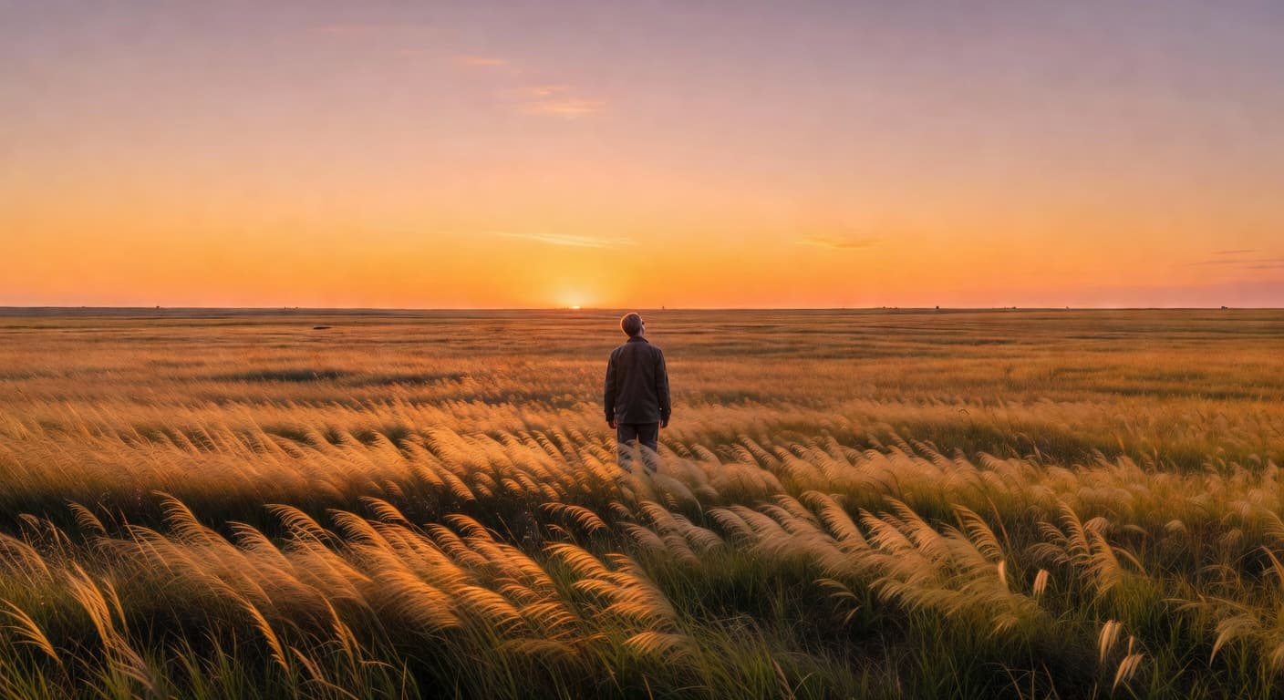 Persona de pie mirando hacia un horizonte abierto al amanecer con luz cálida