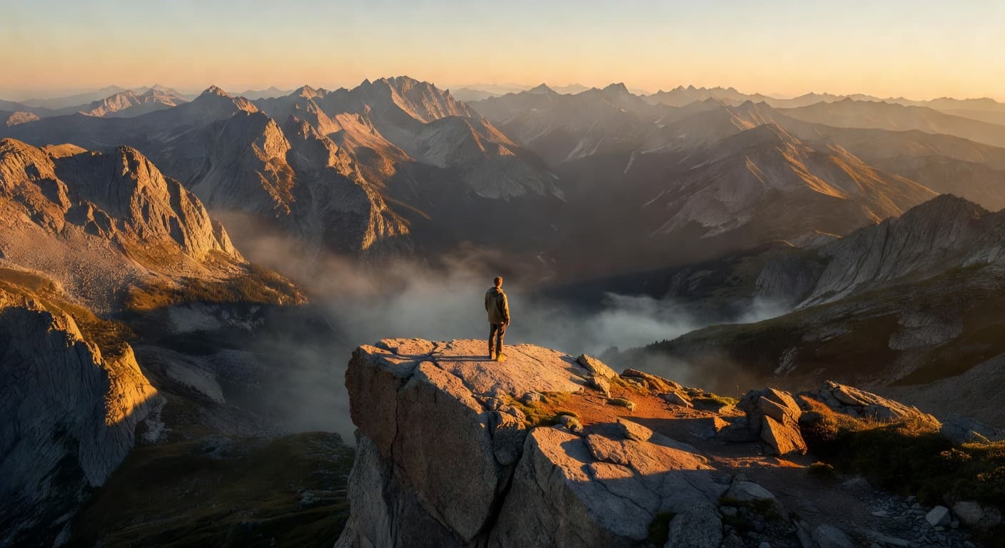 Persona de pie al borde de un acantilado mirando un vasto paisaje montañoso bajo luz dorada
