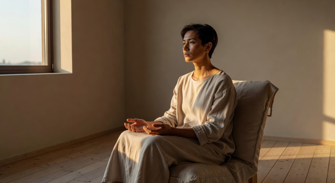 Persona sentada junto a una ventana con luz cálida entrando, en un momento de reflexión silenciosa