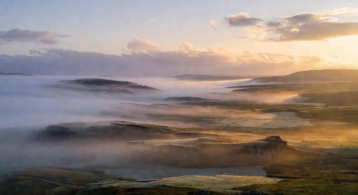 Paisaje de transición entre la niebla y la luz dorada del amanecer sobre un valle