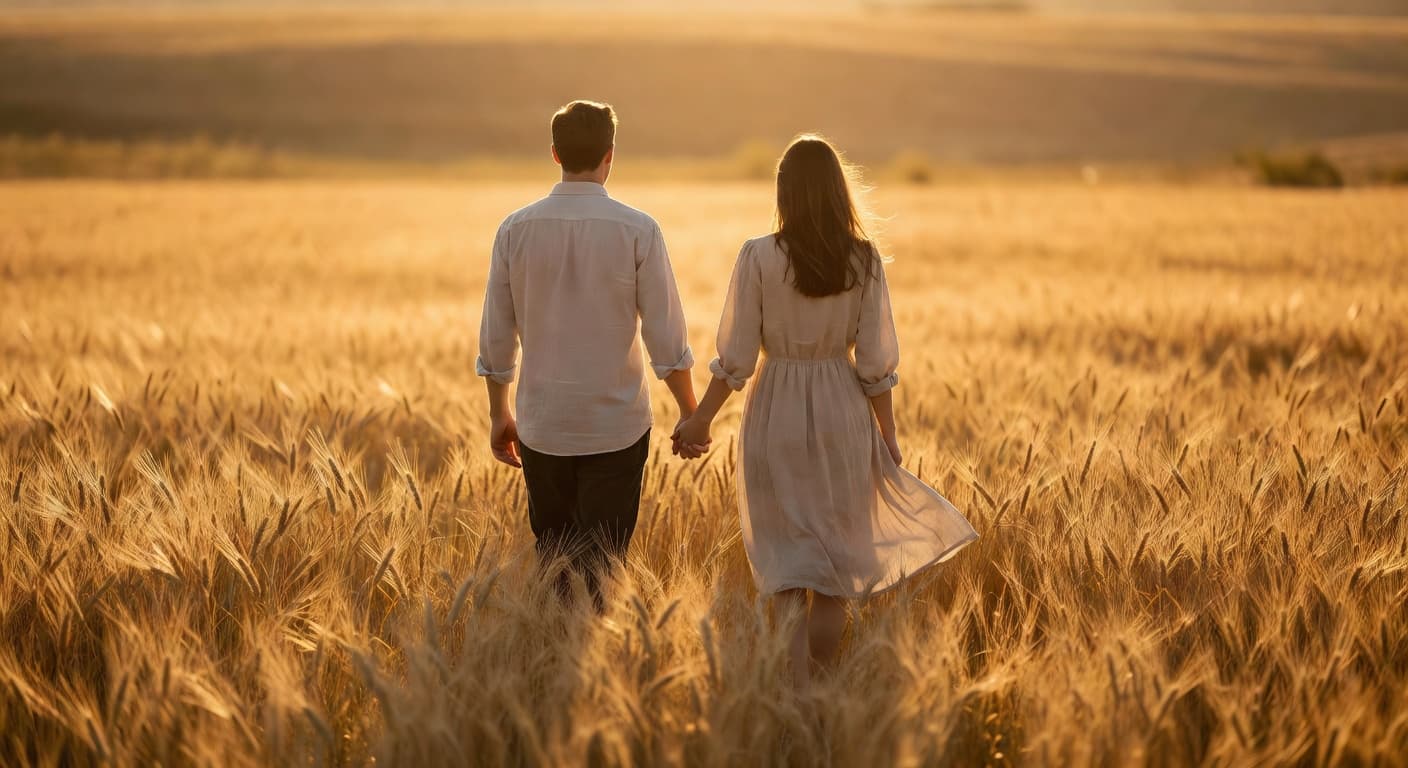 Pareja caminando junta tomada de las manos al atardecer en un campo abierto