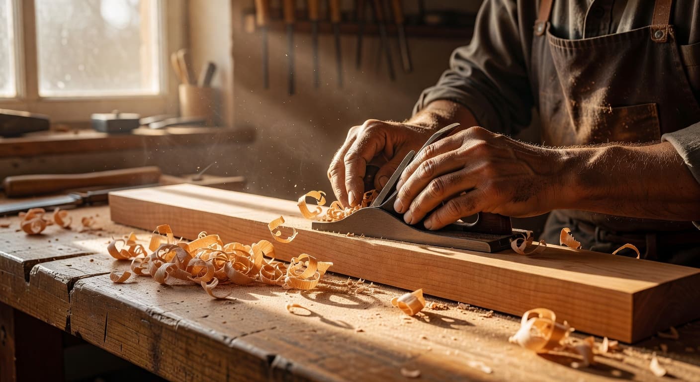 Manos de artesano trabajando madera con luz cálida de mañana entrando por una ventana