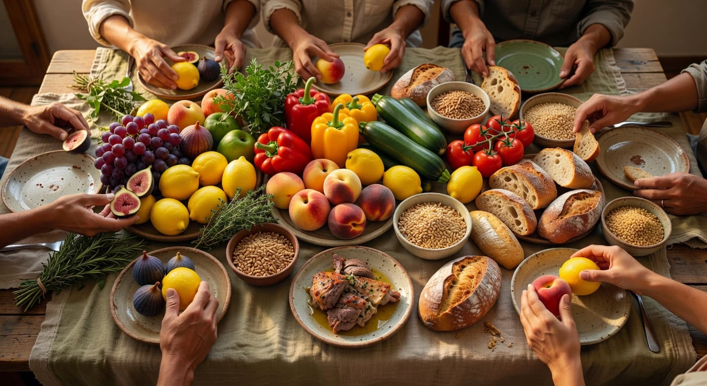 Mesa abundante con frutas, verduras y alimentos naturales iluminada por luz cálida
