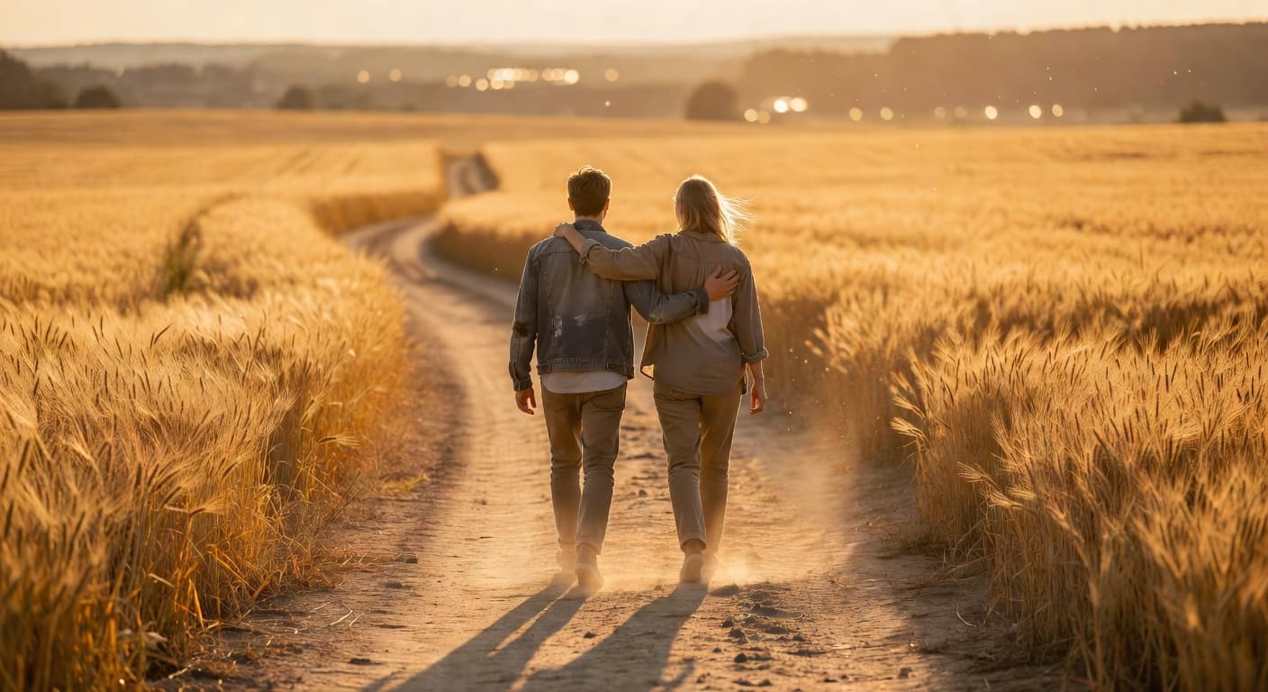 Grupo de amigos caminando juntos por un sendero al atardecer con luz cálida