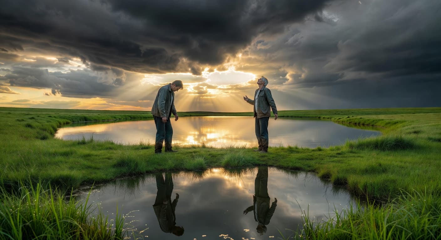 Persona caminando hacia un horizonte iluminado por el amanecer, dejando atrás un camino oscuro