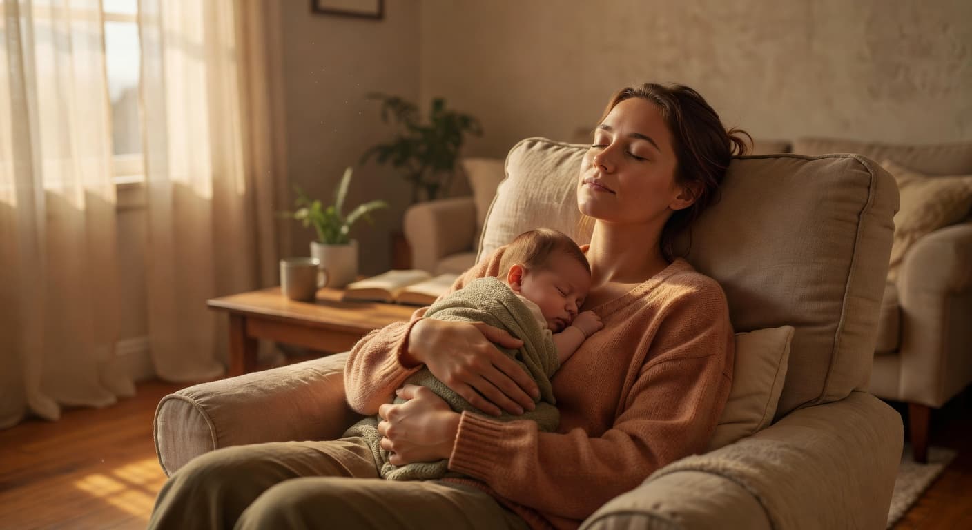 Madre descansando junto a una ventana con luz cálida del atardecer