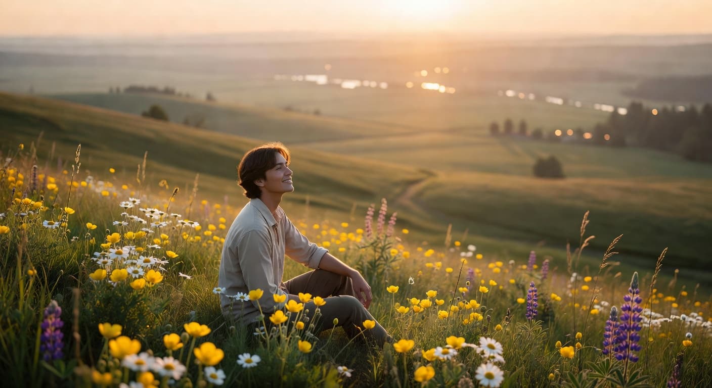 Persona contemplando un paisaje amplio y luminoso con expresión serena