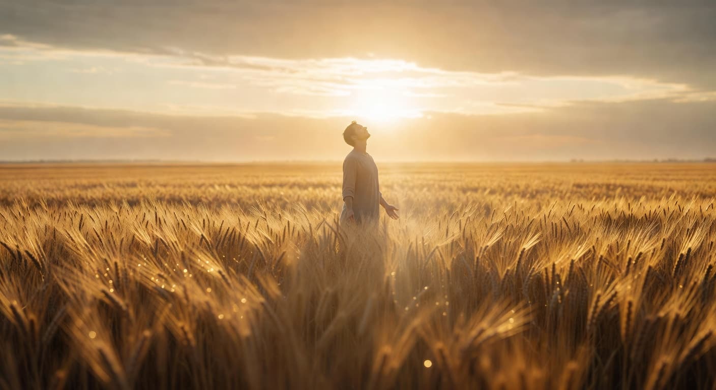 Campo dorado al amanecer con luz cálida que evoca gratitud y esperanza