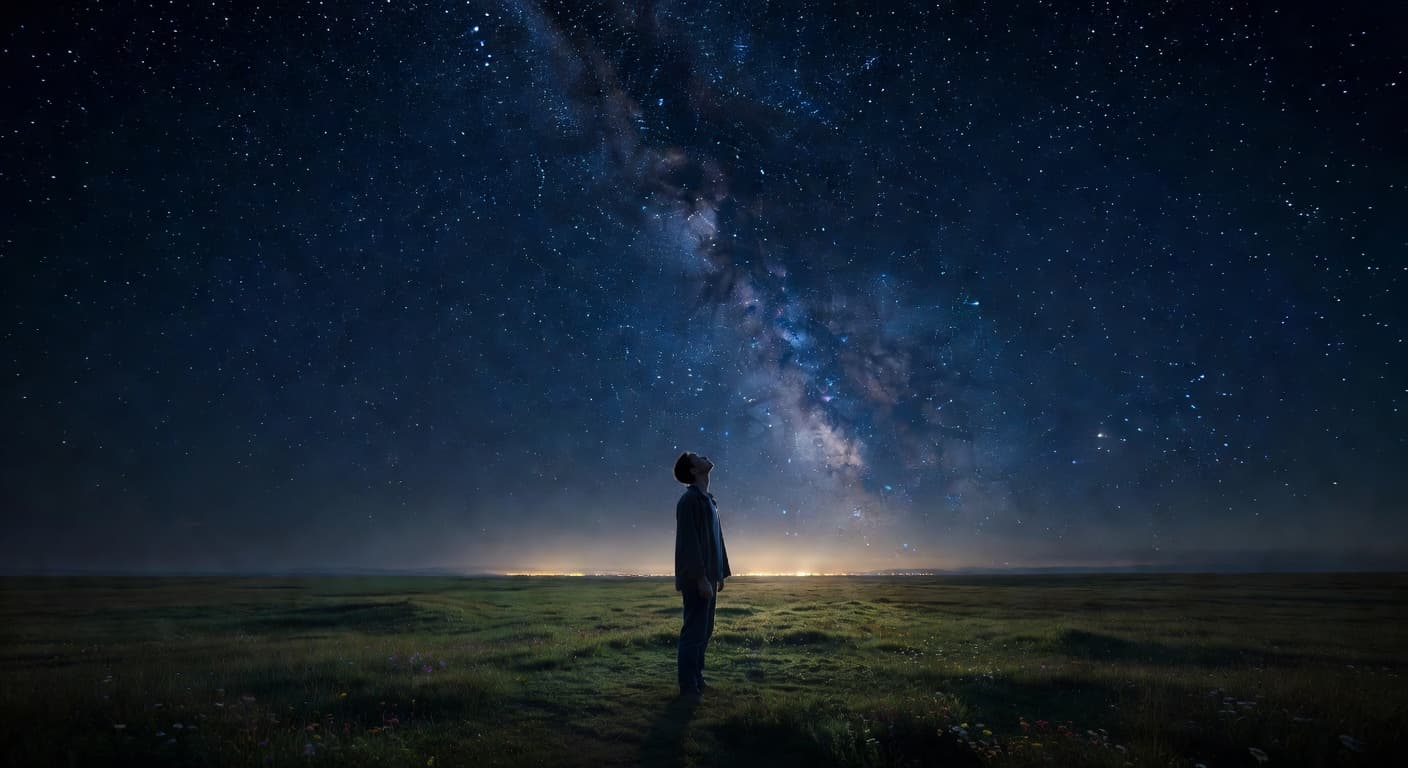 Persona contemplando el cielo estrellado en una noche oscura, buscando respuestas