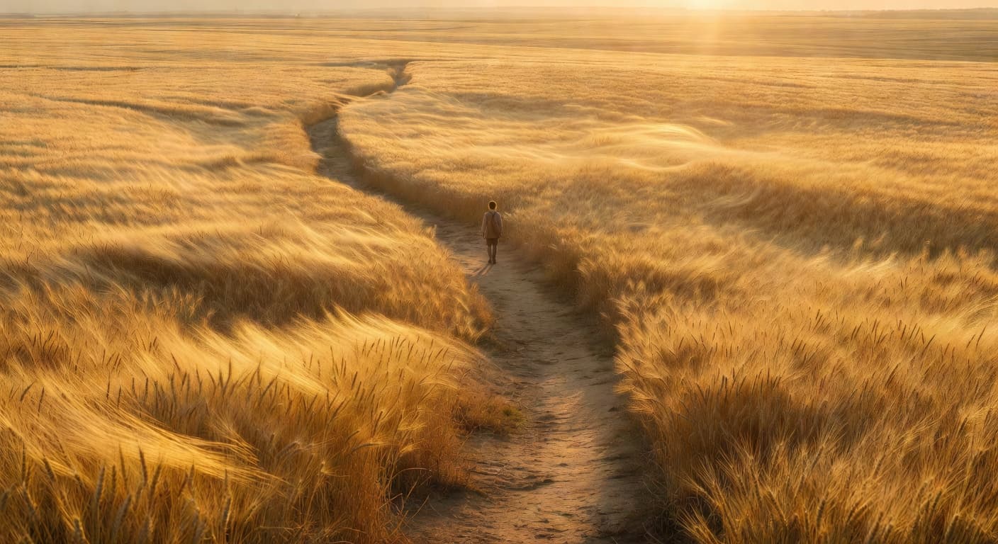 Persona caminando por un sendero estrecho entre campos abiertos bajo una luz dorada al atardecer