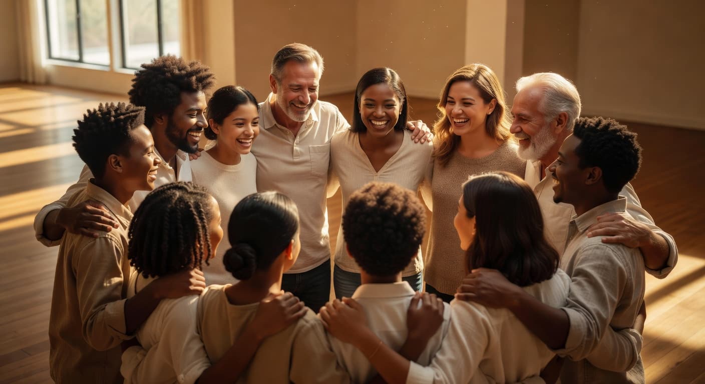 Grupo diverso de personas reunidas en comunidad, compartiendo un momento de conexión cercana