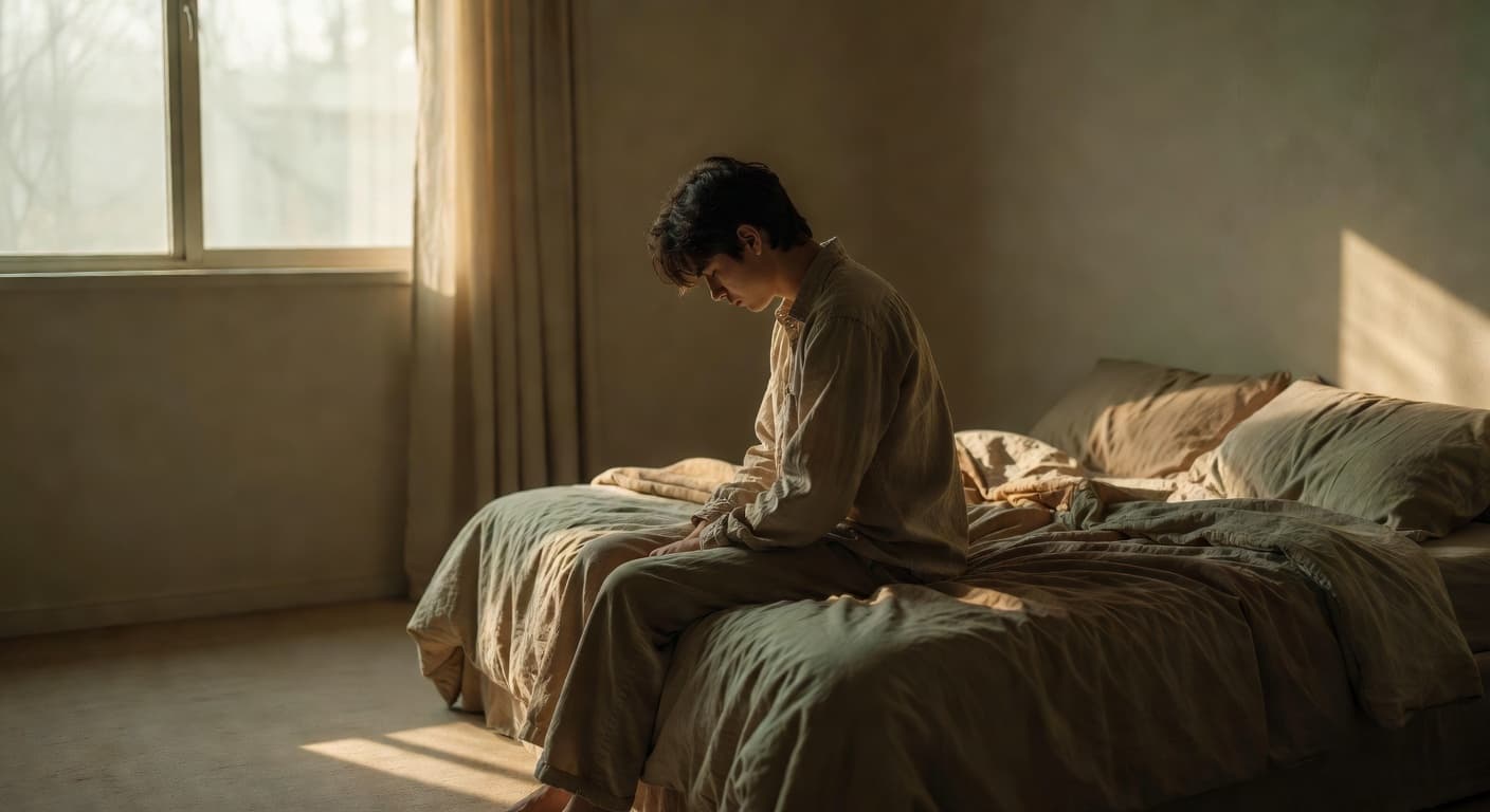 Persona sentada a solas frente a una ventana con luz suave del amanecer, en actitud reflexiva