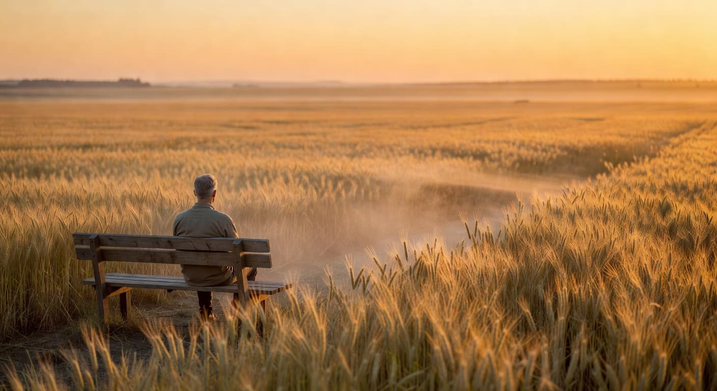 Persona sentada en calma observando un amanecer dorado sobre un campo abierto