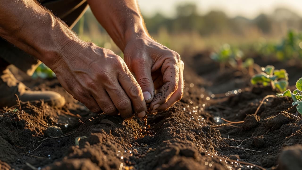Persona trabajando la tierra al amanecer con luz dorada