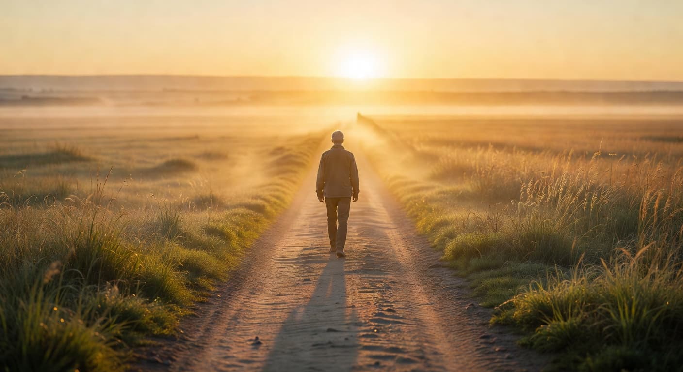 Persona caminando hacia la luz del amanecer en un sendero abierto, simbolizando libertad y un nuevo comienzo