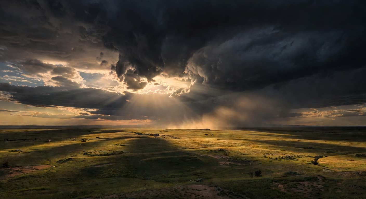Cielo tormentoso con rayos de luz que atraviesan las nubes oscuras sobre un paisaje abierto