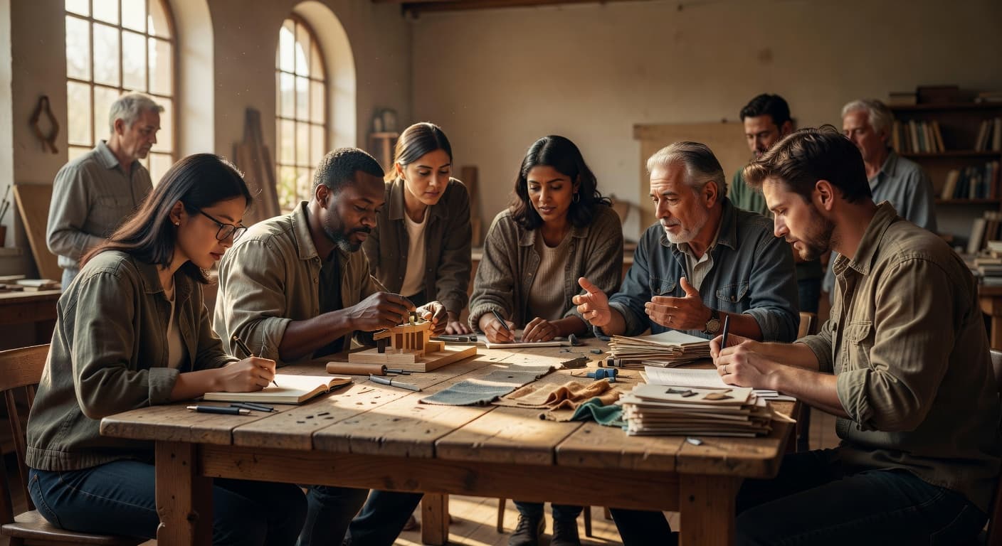 Grupo diverso de personas colaborando juntas con luz cálida entrando por una ventana