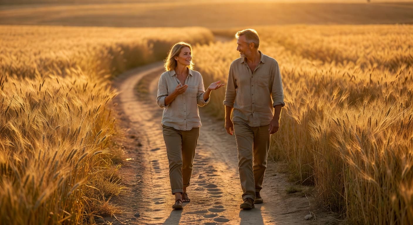 Dos personas caminando juntas por un sendero iluminado por la luz cálida del atardecer
