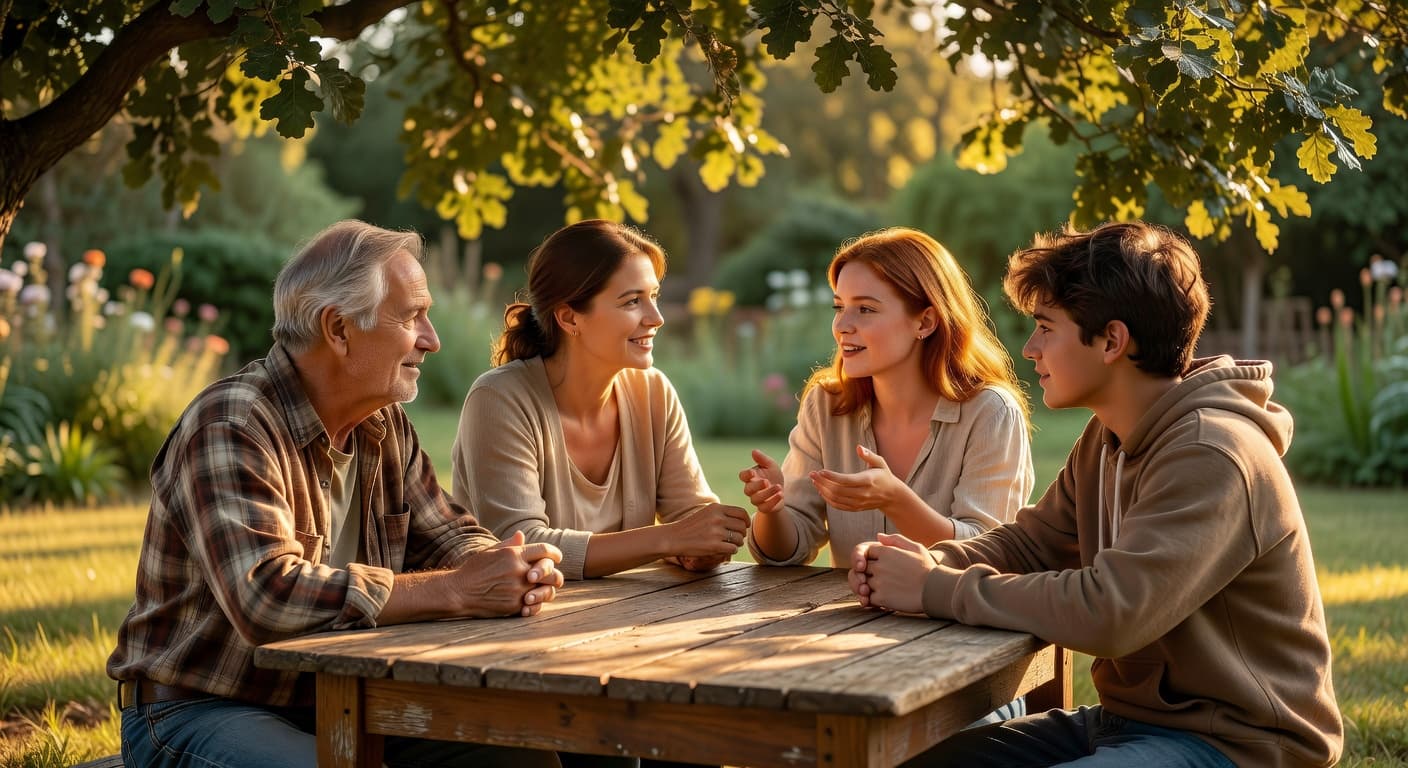 Familia extendida reunida alrededor de una mesa con luz cálida