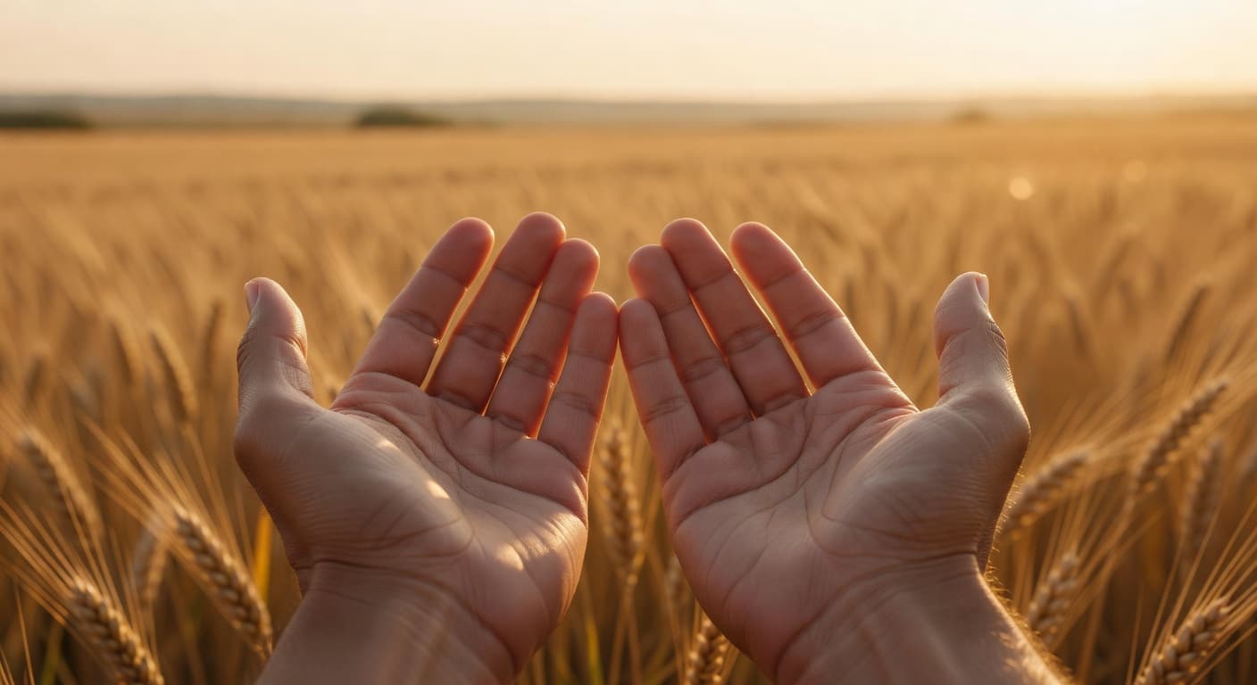 Manos abiertas con luz cálida del atardecer, evocando generosidad y confianza