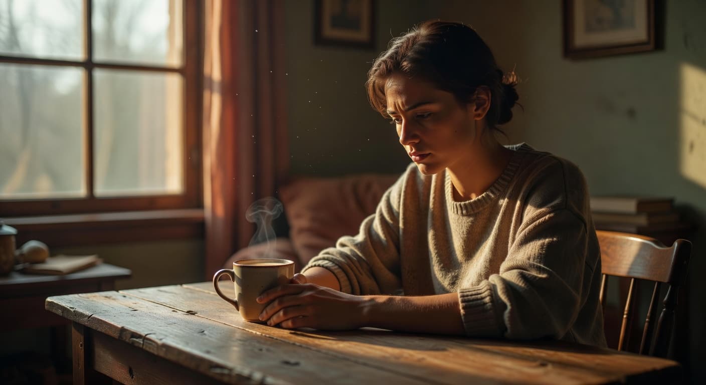Persona reflexiva sentada junto a una ventana con luz cálida del atardecer