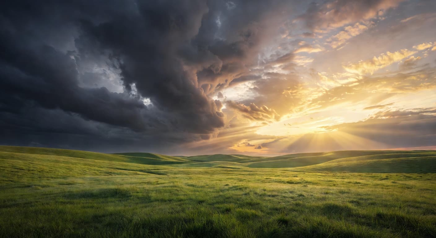 Paisaje donde la tormenta da paso a un amanecer dorado sobre un campo abierto