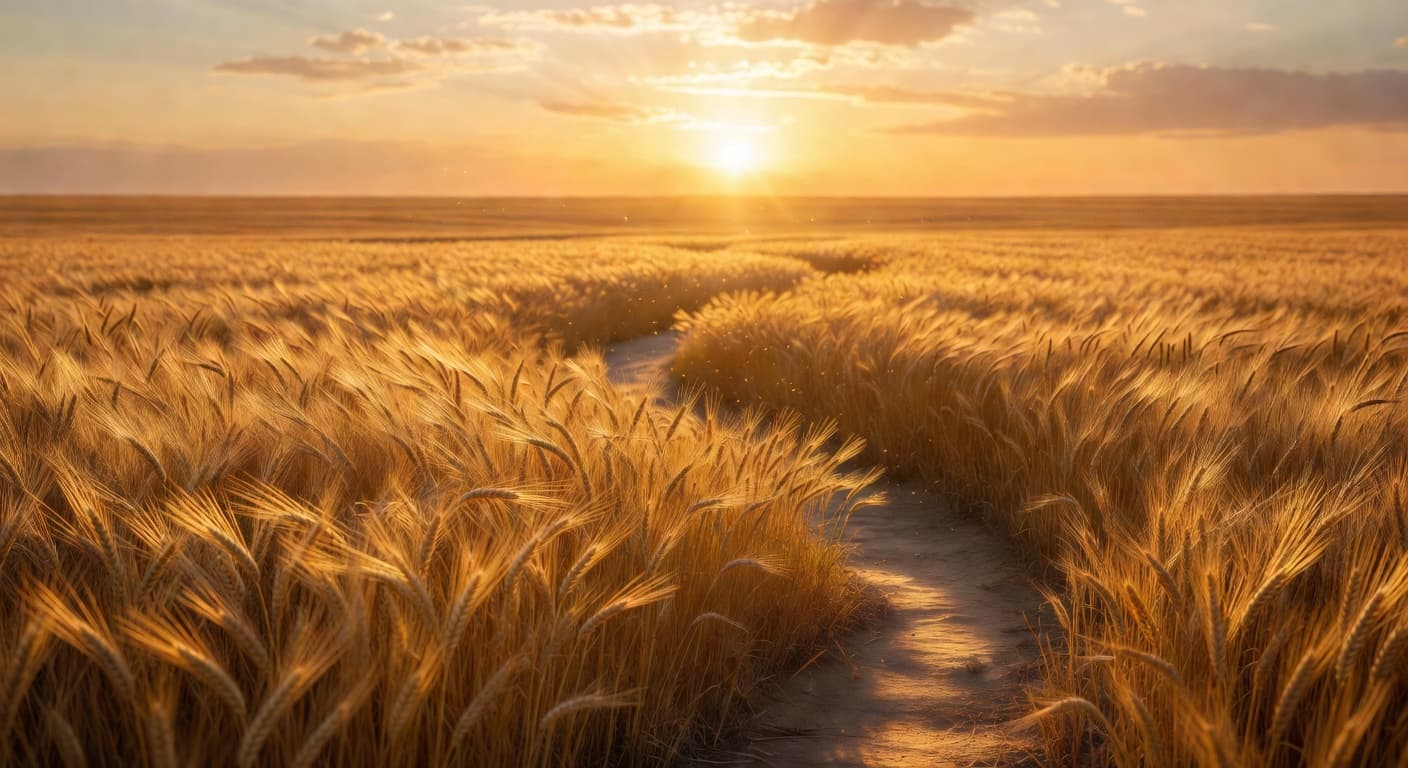 Brisa suave moviendo un campo de trigo iluminado por luz dorada al atardecer