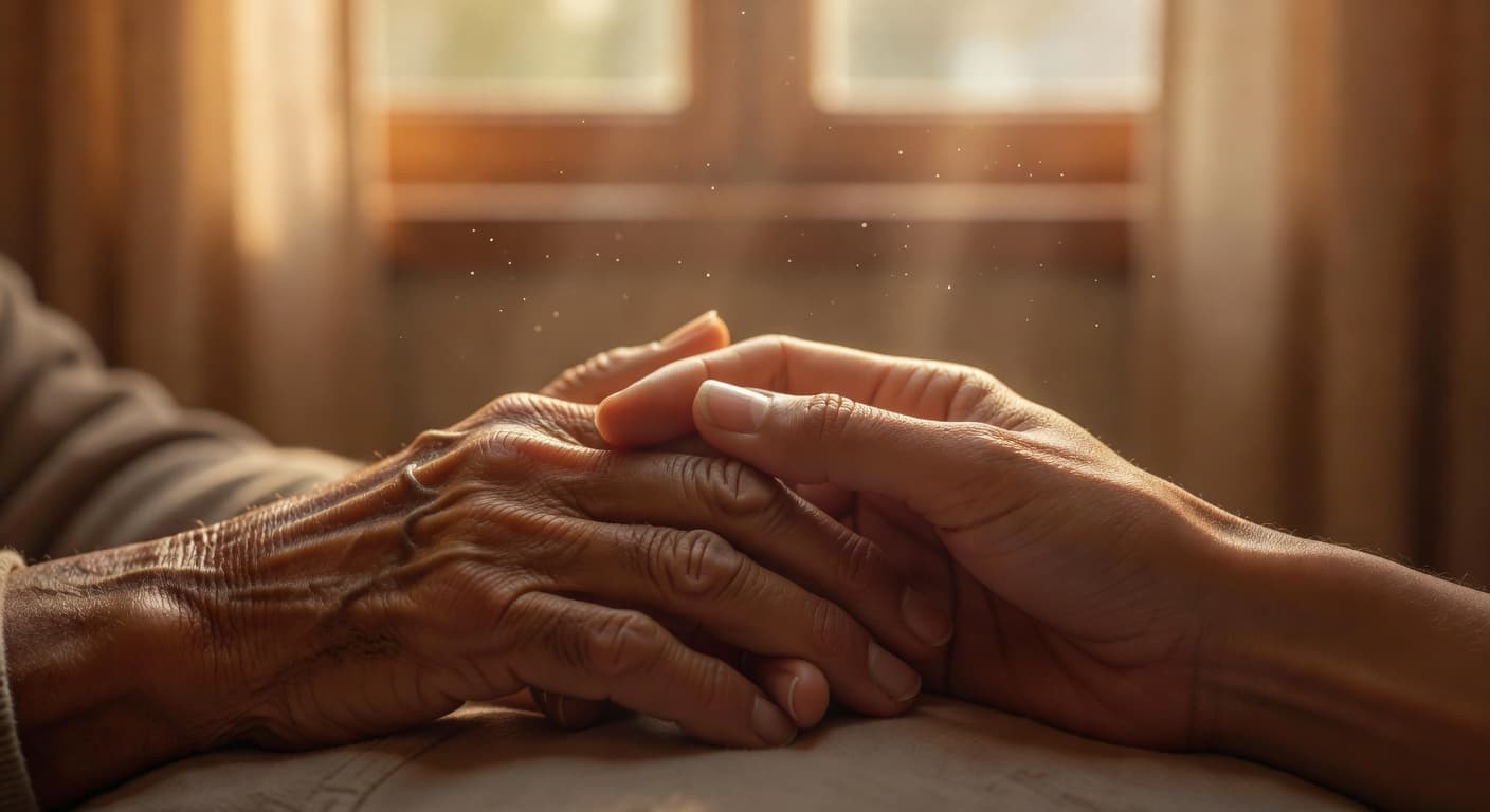 Dos manos entrelazadas con luz cálida del atardecer, transmitiendo un amor profundo y desinteresado