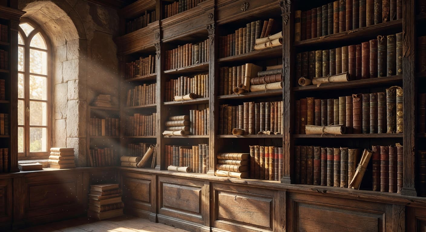Estantes de una biblioteca antigua con libros ordenados y luz cálida entrando por una ventana