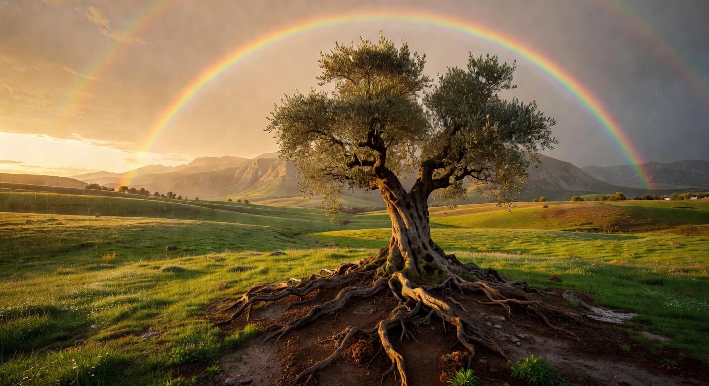 Atardecer dorado sobre un valle amplio con un arcoíris tenue en el horizonte, evocando la idea de promesa y alianza