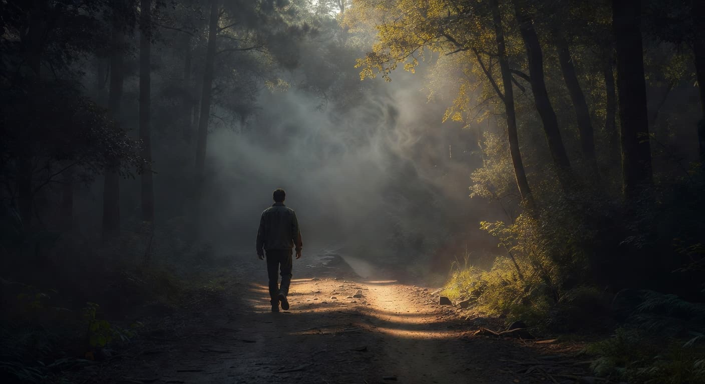 Persona caminando sola por un sendero oscuro que gradualmente se ilumina con luz cálida al fondo
