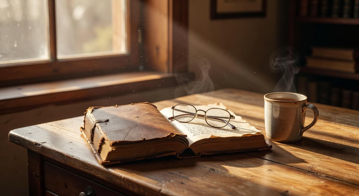 Libros antiguos abiertos sobre una mesa de madera iluminados por luz cálida natural