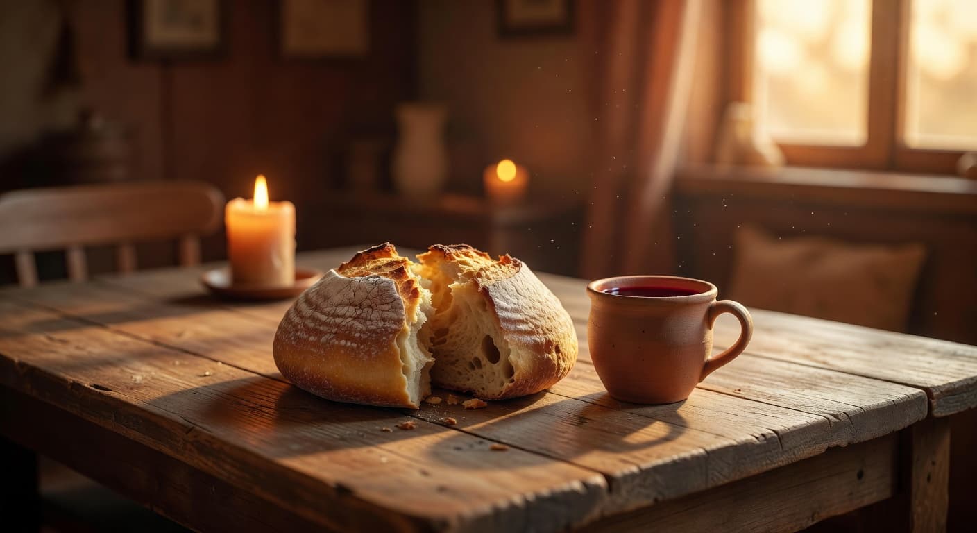 Mesa de madera rústica con pan artesanal y una copa de vino iluminados por luz cálida de atardecer