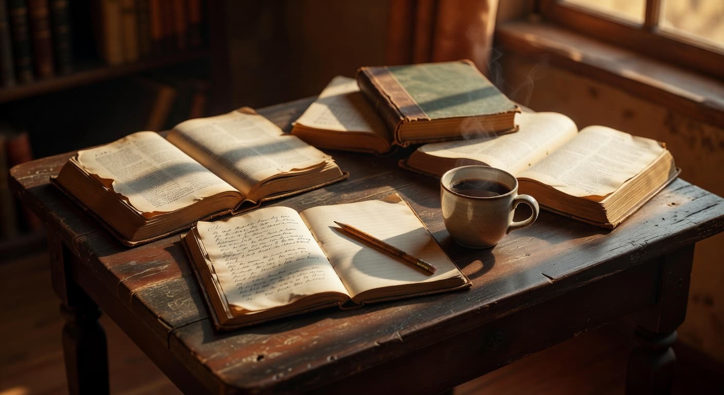 Persona consultando libros con luz cálida entrando por una ventana