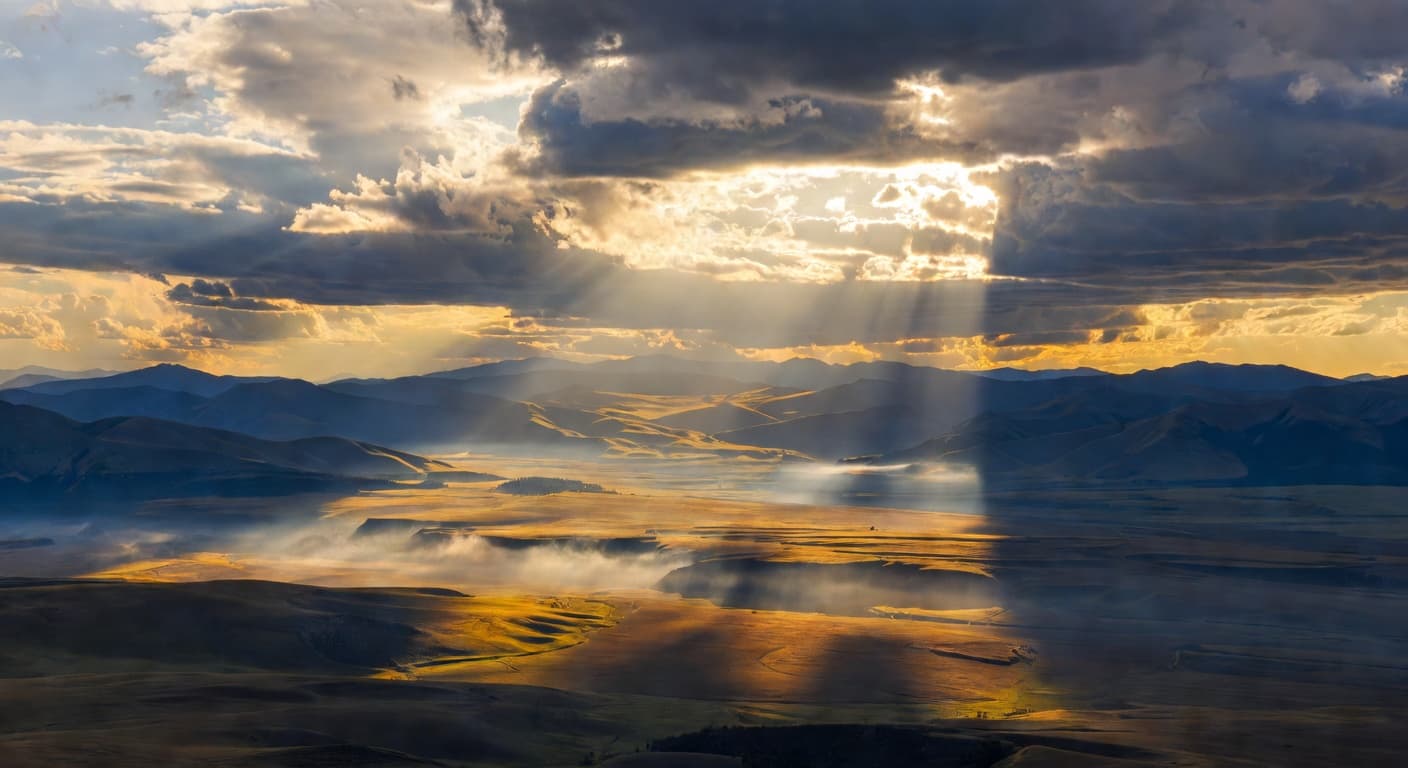 Paisaje al amanecer con nubes iluminadas por luz dorada sobre montañas lejanas