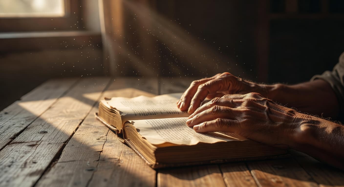 Libros antiguos abiertos sobre una mesa de madera iluminada por luz cálida natural