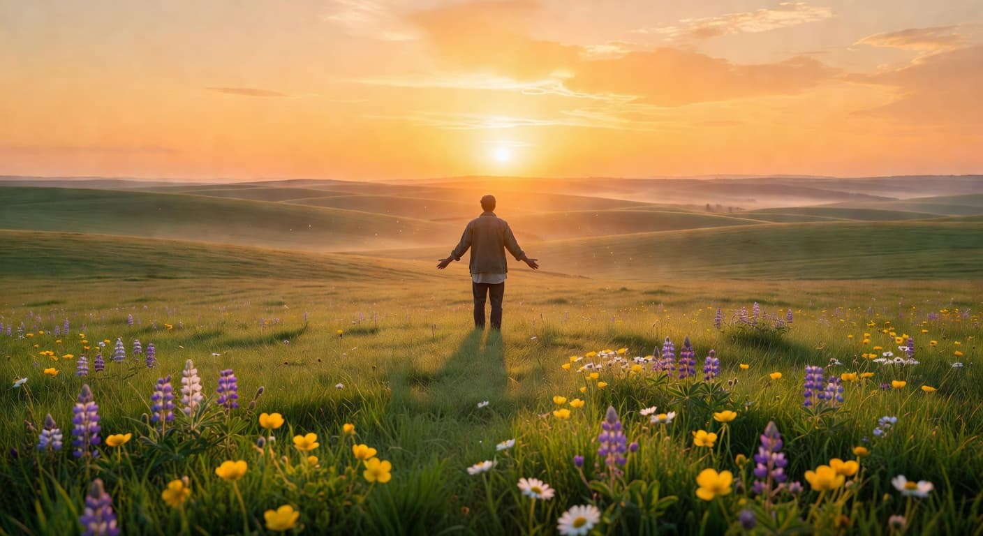 Amanecer dorado sobre un campo abierto con luz cálida que ilumina el horizonte
