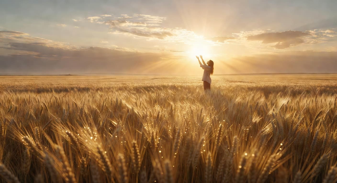 Amanecer dorado sobre un campo abierto con rayos de luz atravesando las nubes