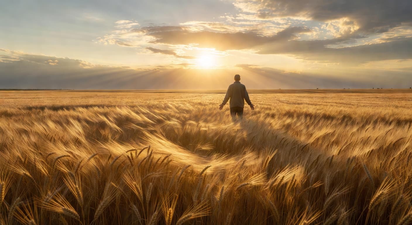 Luz dorada del amanecer sobre un campo abierto, evocando firmeza y confianza