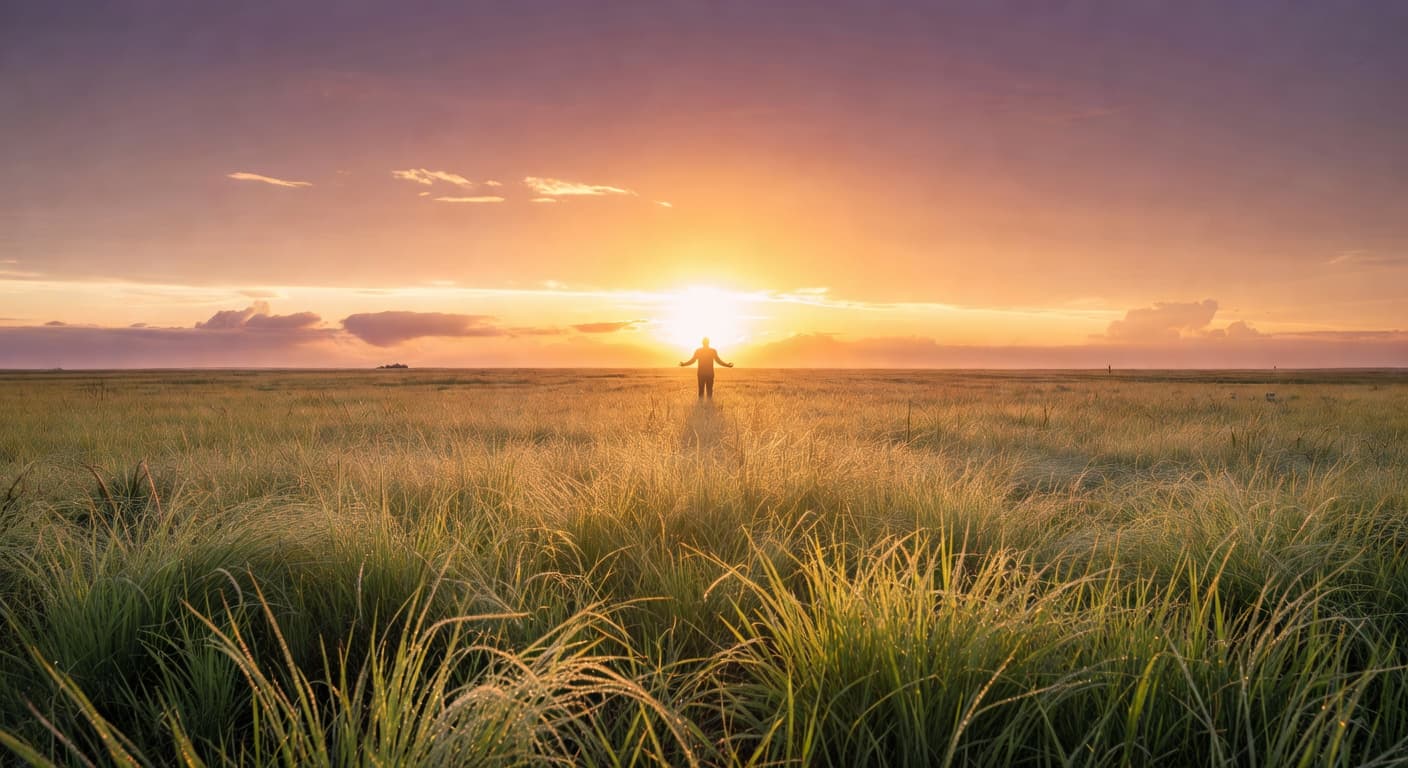 Amanecer dorado sobre un campo abierto, evocando un nuevo comienzo y transformación interior
