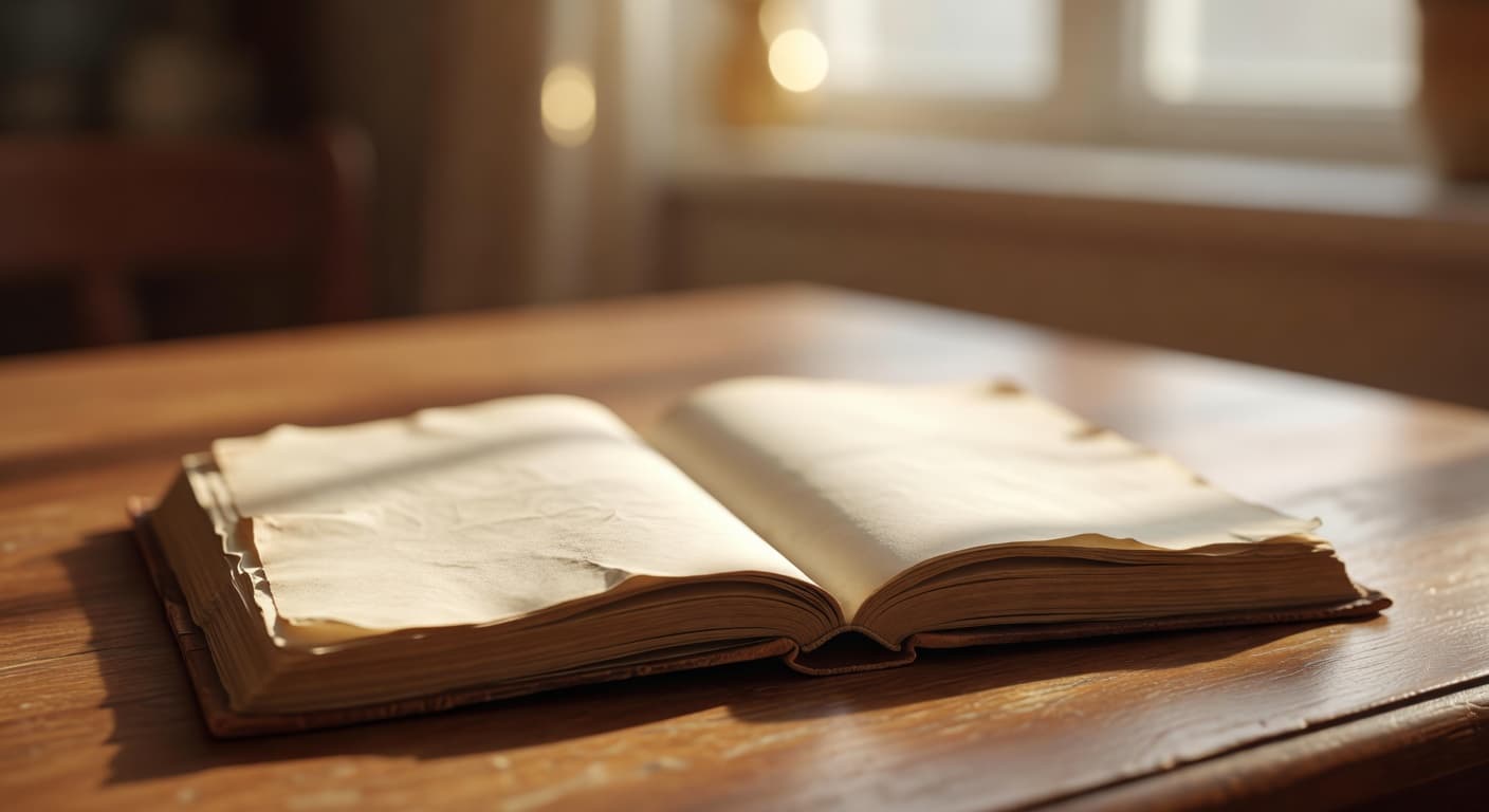 Libros antiguos iluminados por luz cálida sobre una mesa de madera