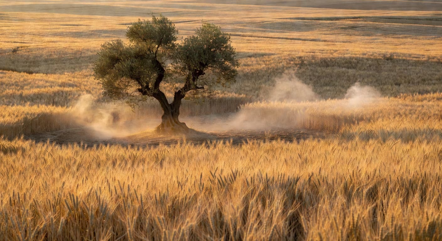 Campo abierto al amanecer con luz dorada que transmite calma y plenitud