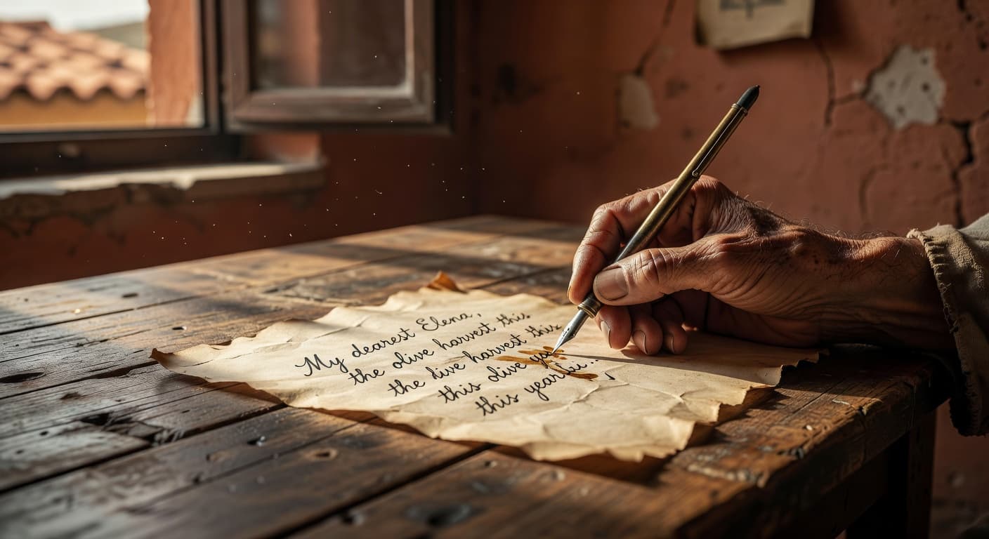 Mano escribiendo una carta sobre una mesa de madera iluminada por luz cálida
