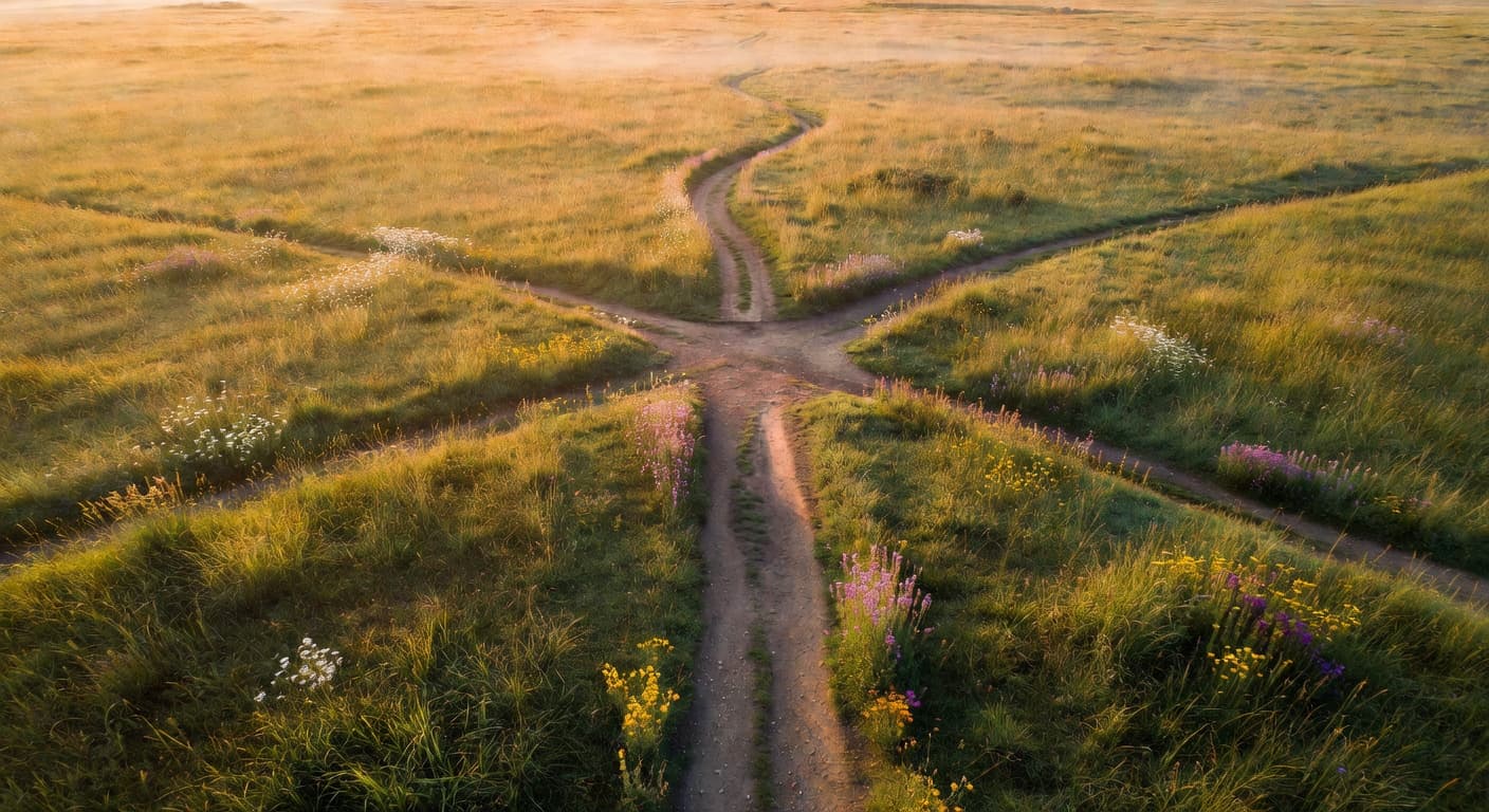 Cuatro caminos de tierra que convergen en un mismo punto en un paisaje abierto al amanecer