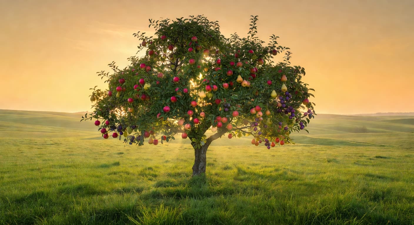 Árbol frutal bañado por luz dorada al amanecer en un campo abierto
